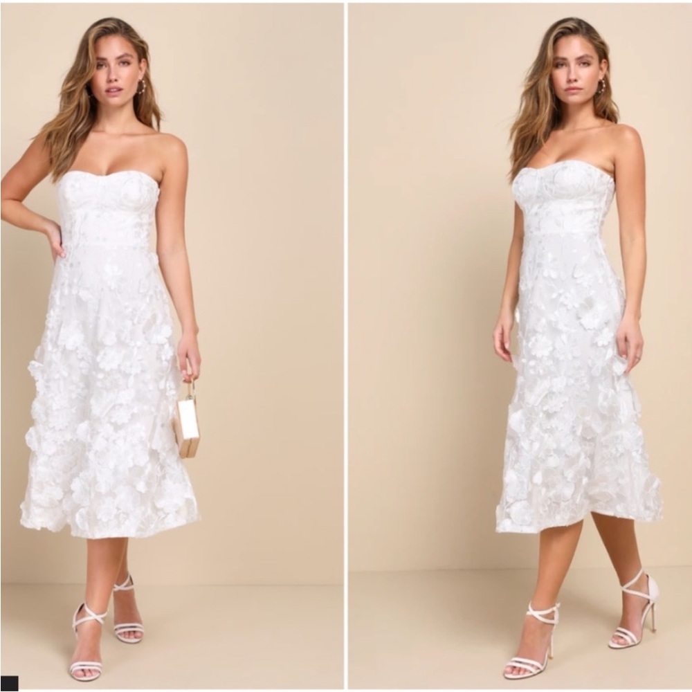 Lulu's White Strapless 3D Floral Midi Dress